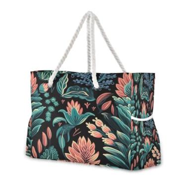 Imagem de Wassud Bolsa de praia grande com design de folhas, bolsa de praia para mulheres, impermeável, à prova de areia, bolsa de viagem com zíper e bolso para piscina, academia, acampamento