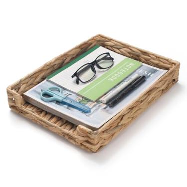 Imagem de Bandeja de cartas de jacinto de água, bandeja de mesa de tecido, organizador de cesta de mesa de vime para papéis, documentos, revistas, arquivos