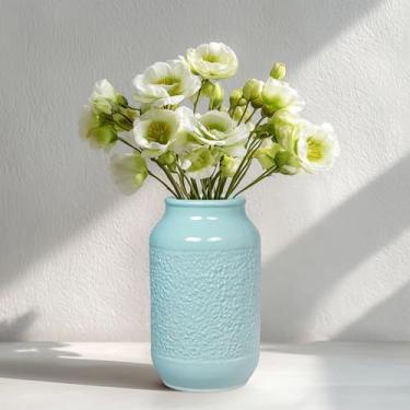 Imagem de Wancetang Vaso de cerâmica azul para decoração de casa - Vaso de flores texturizado de 22 cm para mesa central - Vasos de cerâmica decorativos modernos para flores, sala de estar, prateleira