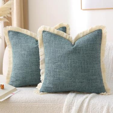Imagem de Miuyunya Capas de almofada decorativas boho azul cinza com borlas 50 x 50 cm capa de almofada quadrada de linho para sofá conjunto de 2 almofadas de aniagem neutra para decoração de casa de fazenda