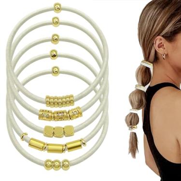 Imagem de SISYOUP Laços de cabelo loiros para mulheres, pacote com 5 lindos suportes elásticos de 3 mm de espessura, acessórios para cabelo grosso, sem danos, elásticos com contas de rabo de cavalo com contas