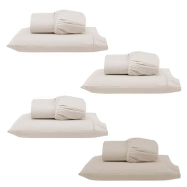 Imagem de Kit 4 Jogos de Lençol Solteiro com Elástico e Fronha Bordada em Ponto Palito, 8 Peças em Micropercal 300 Fios 100% Poliéster (4 Jogos Solteiro Versat (3 Palha/1 Cáqui))