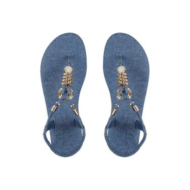 Imagem de GORGLITTER Sandália jeans feminina de strass com tira elástica no tornozelo, anel, bico aberto, tira em T, sandália de praia, Azul, 38