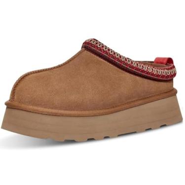 Imagem de BKLWEV Pantufas femininas com plataforma, botas curtas de cano curto, sem cadarço, forradas com lã, para uso interno e externo, Marrom, 37