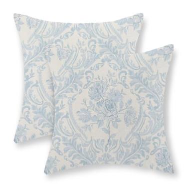 Imagem de GOLIANDA Capas de almofada azul bebê 45,7 x 45,7 cm, conjunto de 2 almofadas florais com estampa floral, vintage, boêmio, capa de almofada de linho para decoração de casa de fazenda, para sofá