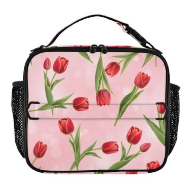 Imagem de Joisal Lancheira com estampa de flores vermelhas e rosa para mulheres, meninas, lancheira masculina e infantil, lancheira para trabalho, bolsa térmica para adultos