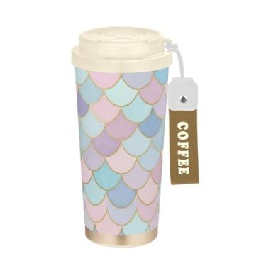Imagem de Caneca de viagem de café 40 ml com canudo e tampa, copo de café de viagem de aço inoxidável à prova de vazamento para escritório, escola, festa, acampamento, escamas de sereia em aquarela rosa