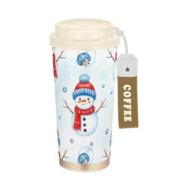 Imagem de TSENQUE Copo de café de viagem 473 ml, copo de café com revestimento cerâmico com canudo e tampa, copo isolado a vácuo de aço inoxidável, bonecos de neve fofos brancos de Natal