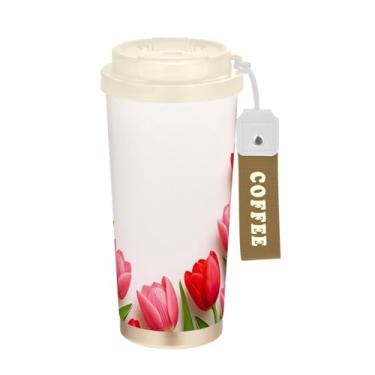 Imagem de TSENQUE Copo de café de viagem de 473 ml com canudo e tampa de enchimento, copos de parede dupla isolados a vácuo com revestimento cerâmico, flores de tulipas rosas florais
