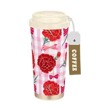 Imagem de Caneca de viagem de café 40 ml com canudo e tampa, copo de café de aço inoxidável à prova de vazamento para escritório, escola, festa, acampamento, cravos vermelhos, floral, rosa, dia dos namorados