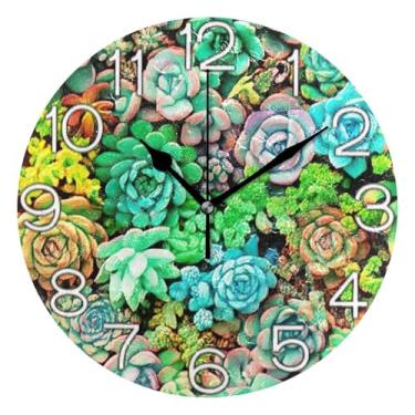 Imagem de GAIGEO Relógio de parede decorativo de suculentas coloridas vibrantes, analógico, relógio de cozinha, bonito, operado por bateria, silencioso, decoração de parede de casa de fazenda moderna, 25 cm
