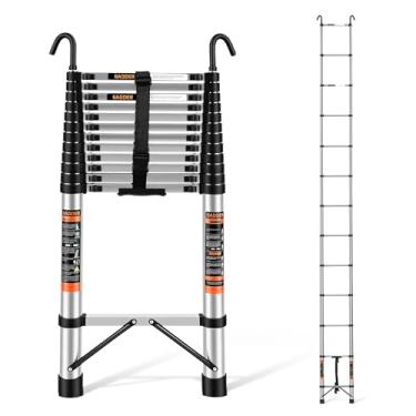 Imagem de Escada telescópica, escada de extensão de 4 m com ganchos, capacidade máxima de 150 kg, escada telescópica com ganchos para trailer ou trabalho ao ar livre