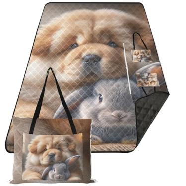 Imagem de TSENQUE Chow Chow Manta de praia de coelho fofo para cachorro à prova d'água à prova de areia, cobertor de acampamento para acampamento, cobertor de piquenique dobrável, fofo, 203 x 152 cm