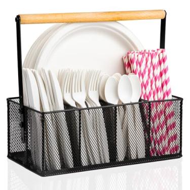 Imagem de NACIMAX Organizador de pratos de papel com alça, bancada, suporte de prato de papel e utensílios, suporte de talheres com 5 compartimentos para festa, acampamento, piquenique (preto)