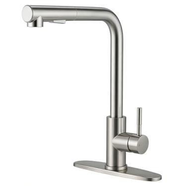 Imagem de VALISY Torneira de cozinha com pulverizador de puxar para baixo, torneiras modernas de puxador único, torneira de pia de cozinha de níquel escovado para pias utilitárias de lavanderia RV com placa de