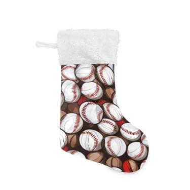 Imagem de ATTX Meias de Natal com estampa de bolas de beisebol, suportes de presente brancos de pelúcia para decorações de festas de fim de ano (17,7 polegadas, pacote com 2) #600