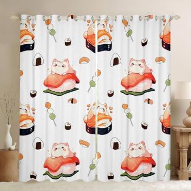 Imagem de Feelyou Cortinas de sushi para quarto (2 painéis, 132 x 163 cm) Sushi japonês fofo desenho animado gato 30%-50% cortinas blackout meninos meninas estilo kawaii sushi japonês estilo tradicional comida