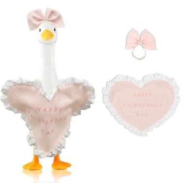 Imagem de LANGFON Roupa de ganso para varanda de dia dos namorados para ganso de 58,4 cm de cimento ou plástico, lindo coração rosa com laço de cabelo, acessório de foto para o dia dos namorados, acessório para