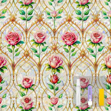 Imagem de Countewol Película de janela de aderência estática arco-íris, película de privacidade de vitral com padrão rosa, proteção UV antirreflexo, adesivos decorativos removíveis para janelas de casa/porta de