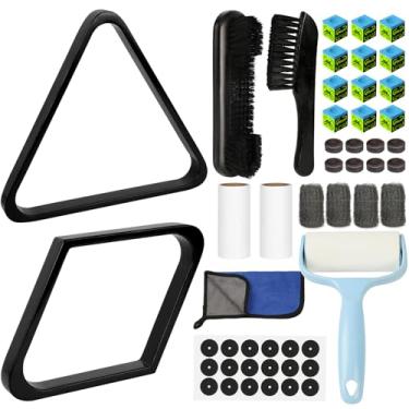 Imagem de AKLOT Conjunto de pincéis de mesa de bilhar para feltro, 10 kits de acessórios de limpeza de mesa de bilhar com rack de bilhar 8/9 bola triângulo diamante, escova de mesa de sinuca, giz, acessórios de