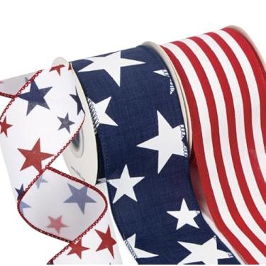 Imagem de AnyDesign Fita patriótica com borda com fio fitas artesanais vermelho azul estrela listra fita de tecido para 4 de julho Dia da Independência arco de grinalda faça você mesmo embrulho decoração de