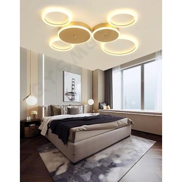 Imagem de Luminária de teto LED moderna, dimerizável, com controle remoto, design de anéis redondos, em acrílico, para sala de estar, quarto, sala de jantar e cozinha (dourada, 6 anéis).