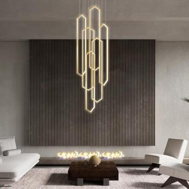 Imagem de Lustre moderno dourado de alumínio com LED, luminária pendente grande para tetos altos, controle remoto, 6 lâmpadas, ideal para hall de entrada, sala de estar e escadas, temperatura de cor d