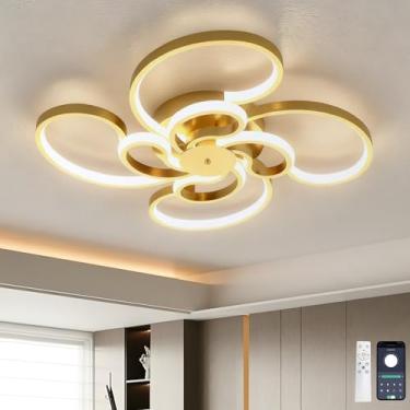 Imagem de Lustre de LED com intensidade regulável, controle remoto, função de memória via aplicativo, design moderno e curvo, timer e 3 temperaturas de cor para quarto, dourado.