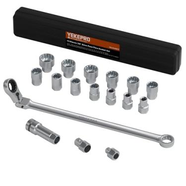 Imagem de YEKEPRO Conjunto de chaves de soquete de passagem de 17 peças, catraca de extremidade de caixa dupla de 10-24 mm w, adaptadores de acionamento de 3/20.3 cm e 1/5.1 cm, 72 dentes, aço CR-V