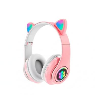 Imagem de FONE HEADSET BLUETOOTH COLORIDO COM LED SEM FIO ESTILO GATINHO ROSA COM MICROFONE