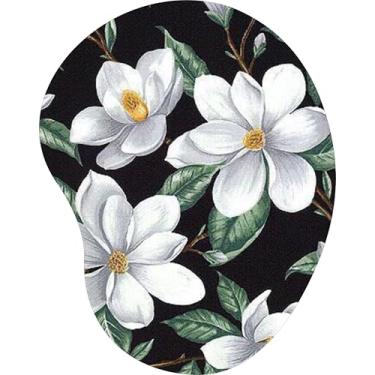Imagem de Mouse Pad Ergonômico Gota Magnólias Brancas Fundo Preto