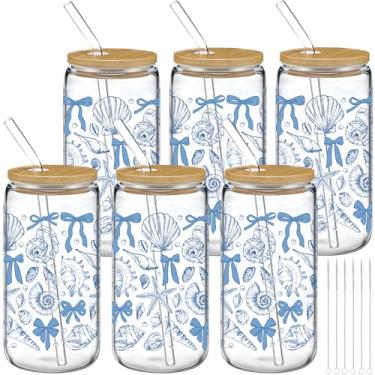 Imagem de Skylety Conjunto de 6 copos de vidro de vaca Highland com canudos e tampas 473 ml em forma de lata copos de café gelado para presente de Natal, colega de trabalho, agricultor, 7 pincéis (azul, oceano)