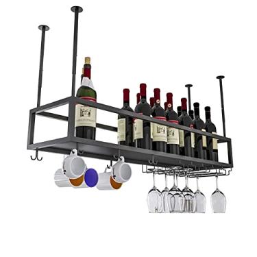 Imagem de Rack de vinho suspenso, suporte de copo de vinho de teto de metal, altura ajustável, suporte de garrafa de vinho, exibição vintage, suporte de taça de champanhe, unidade de bar para restaurante e