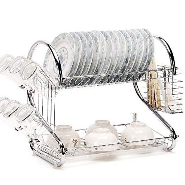 Imagem de Escorredor de louças, escorredor de louça, escorredor de cozinha cromado de 2 níveis - com suporte de copo/suporte de pauzinho/bandeja de drenagem