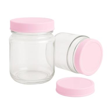 Imagem de 12 Potes De Vidro 200ml Com Tampas Plasticas BPA Free Rosa Para Armazenamento de Leite Materno