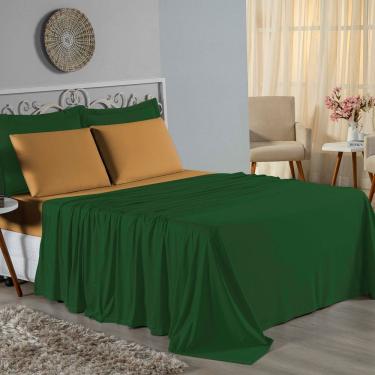 Imagem de Jogo De Cama Casal Nobre 4 Peças Lençol Com Elástico De 30cm De Altura Malha 100% Algodão - Verde-bandeira / Cobre