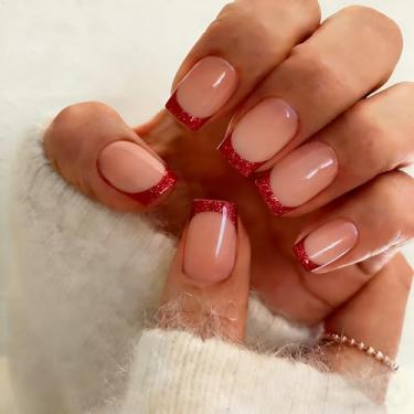 Imagem de KXAMELIE Unhas de pressão médias – unhas quadradas francesas com cola, unhas postiças curtas nude em 12 tamanhos – Kit de 24 unhas de gel macio para mulheres, brilho brilhante, vermelho brilhante