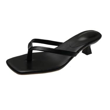 Imagem de Sandálias femininas de salto quadrado dedo quadrado tanga elegante salto alto chinelos com salto bloco fino verão passeio elegante férias, preto, Preto, 36