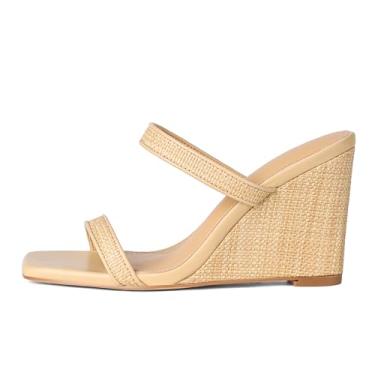 Imagem de EQAUDES Sandália Wedges feminina bico quadrado verão - alpargatas, sem cadarço, praia, sandália de salto alto com duas tiras, confortável, vestido de férias, sapatos de casamento, 1 natural, 36