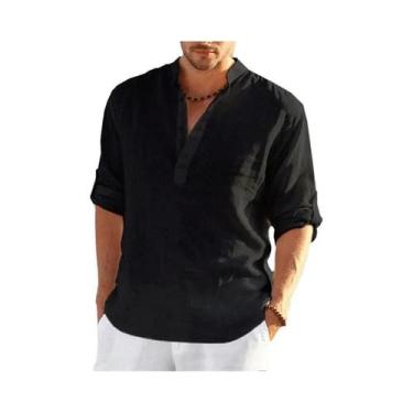 Imagem de Camisa Masculina Casual De Algodão E Linho De Manga Longa Com Gola Alt