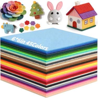 Imagem de 45 folhas de tecido de feltro artesanal de 15 x 15 cm, 45 folhas de feltro não tecidas de cores sortidas, quadrado de tecido de feltro grosso de 2 mm para artesanato de costura DIY, patchwork