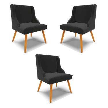 Imagem de Kit 3 Cadeiras Decorativas Sala De Jantar Pés Palito De Madeira Veludo Preto/natural