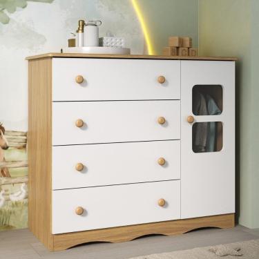 Imagem de Cômoda Infantil 95cm 1 Porta Com Vidro E 4 Gavetas Serena Multimóveis MP4434 Madeirado/branco