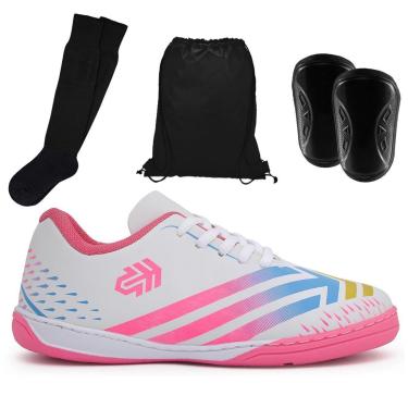 Imagem de Kit Tênis Infantil Futsal Chuteira Quadra Jogador Escolar Crianças + Caneleira Meião Mochila-Unissex