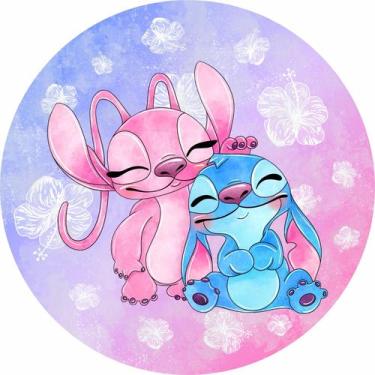 Imagem de Painel de Tecido Rosa e Azul Stitch e Angel Cute Aquarela - Fabrika De