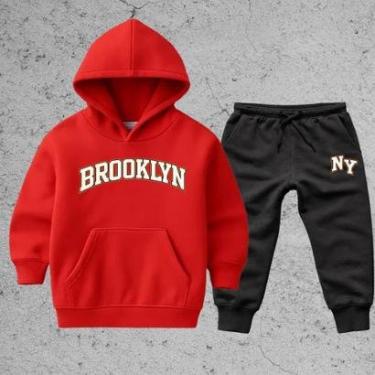 Imagem de Conjunto Infantil Moletom Brooklyn Inverno Moleton Blusa com Capuz Calça Moletom NY Quentinho-Unissex