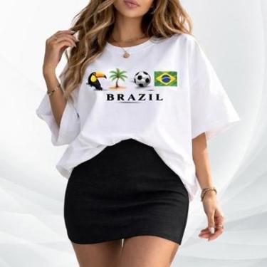 Imagem de Conjunto Feminino Brasil Oversized Camiseta 100 Algodão Saia Moletom Streetwear Copa Torcedora-Feminino