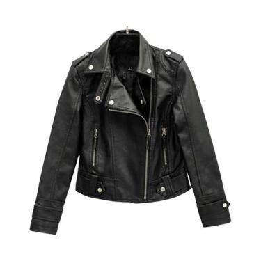 Imagem de Jaqueta De Couro Curta Feminina Com Gola Reversa, Zíper E Manga Longa,