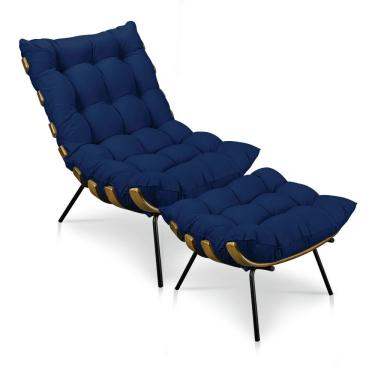 Imagem de Kit Poltrona Costela Com Puff Para Sala Suede Veludo Azul Neros Interiores