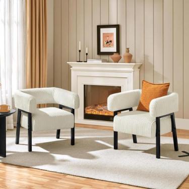 Imagem de Conjunto de 2 poltronas decorativas Yaheetech em veludo cotelê bege